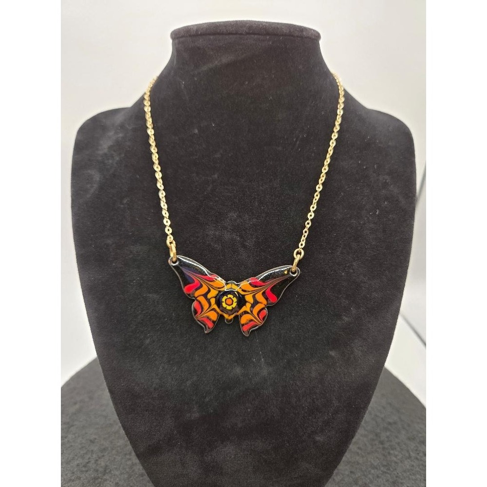 Multicolor Enamel Butterfly Gold Tone Necklace 15"